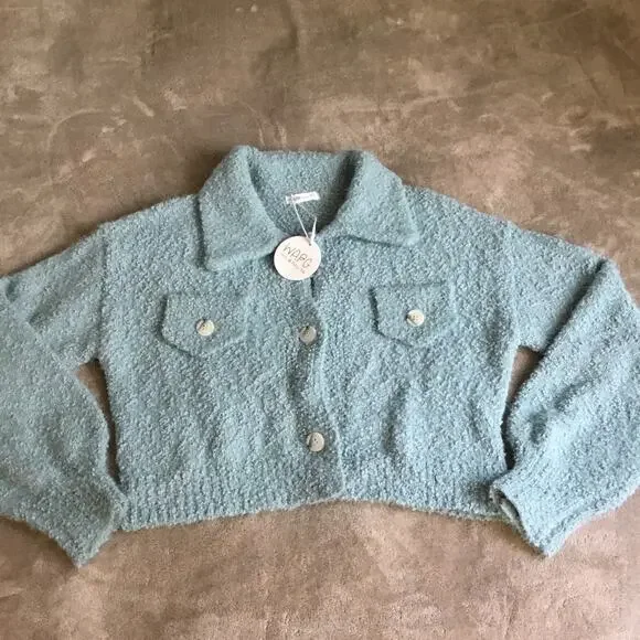 W.A.P.G. Fuzzy Crop Sweater Jacket Dusty Blue Sz S - Picture 2 of 8